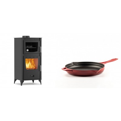 Set Kaminofen, Holzofen mit Backfach Velmora Fire ATS 90-25 ΜΑSΙΝΑ, 12.04kW + Emaillierte Gusseisenpfanne Solagio, Rubin, Ф24cm - Kaminofen - Holzofen mit Backfach