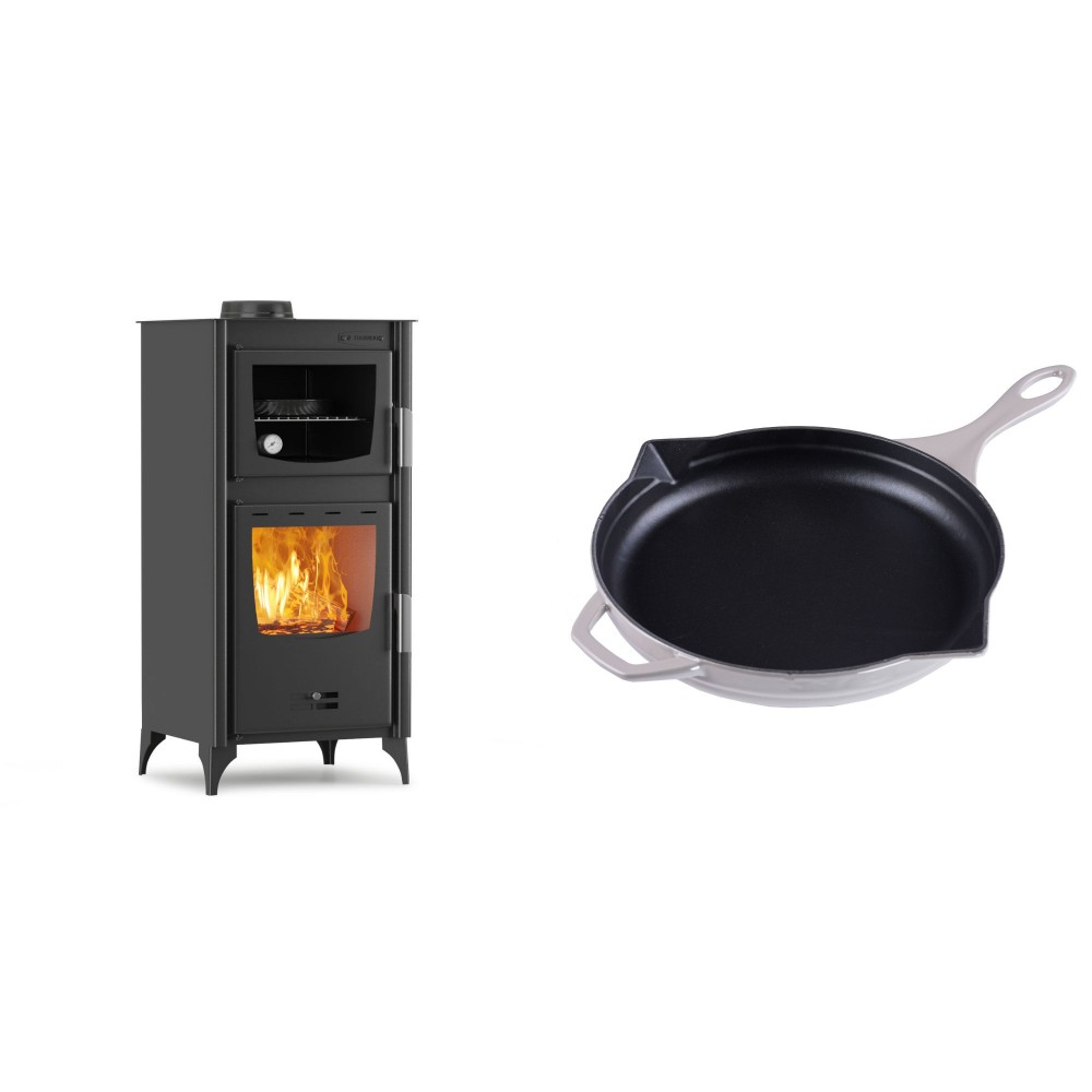 Set Kaminofen, Holzofen mit Backfach Velmora Fire ATS 90-25 ΜΑSΙΝΑ, 12.04kW + Emaillierte Gusseisenpfanne Solagio, Ivory, Ф28cm | Holzofen | Kaminofen |