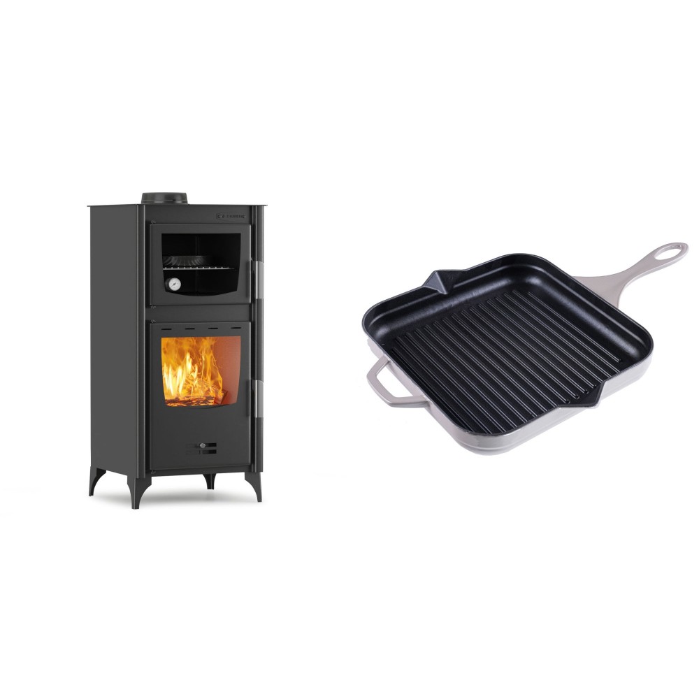 Set Kaminofen, Holzofen mit Backfach Velmora Fire ATS 90-25 ΜΑSΙΝΑ, 12.04kW + Emaillierte grillpfanne Gusseisen Solagio, Ivory, 28x28cm | Holzofen | Kaminofen |