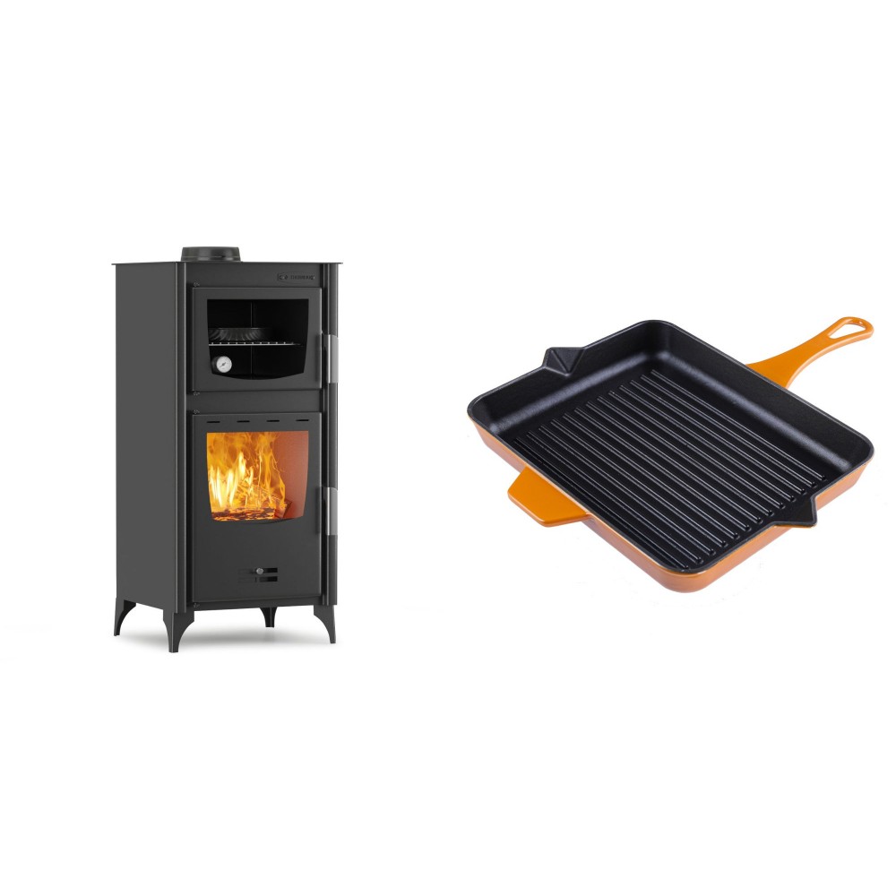 Set Kaminofen, Holzofen mit Backfach Velmora Fire ATS 90-25 ΜΑSΙΝΑ, 12.04kW + Emaillierte grillpfanne Gusseisen Solagio, Dijon, 26x32cm