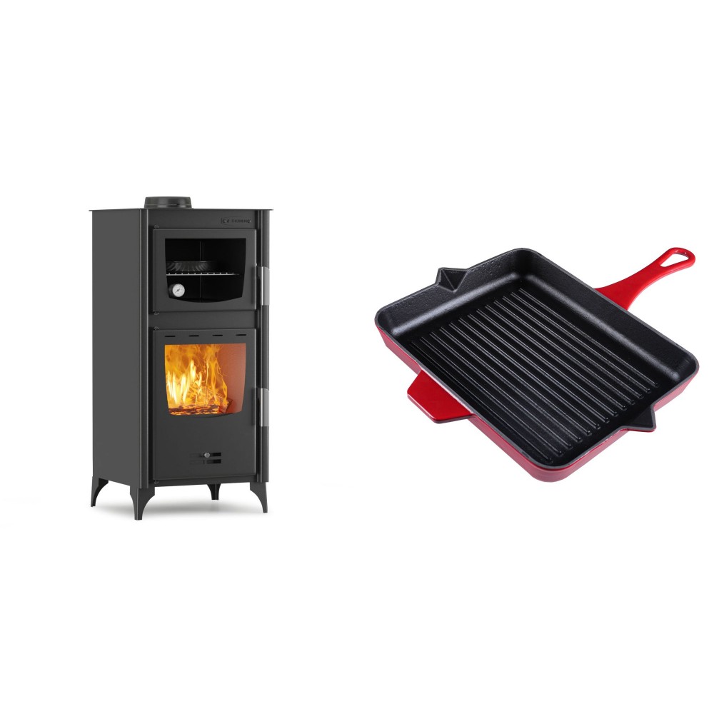 Set Kaminofen, Holzofen mit Backfach Velmora Fire ATS 90-25 ΜΑSΙΝΑ, 12.04kW + Emaillierte grillpfanne Gusseisen Solagio, Rubin, 26x32cm | Holzofen | Kaminofen |