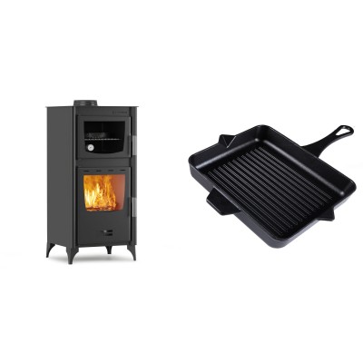 Set Kaminofen, Holzofen mit Backfach Velmora Fire ATS 90-25 ΜΑSΙΝΑ, 12.04kW + Emaillierte grillpfanne Gusseisen Solagio, Black Onyx, 26x32cm - Kaminofen - Holzofen mit Backfach