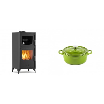 Set Kaminofen, Holzofen mit Backfach Velmora Fire ATS 90-25 ΜΑSΙΝΑ, 12.04kW + Gusseisen Topf Tiefer Solagio, Bamboo, Ф12 - Kaminofen - Holzofen mit Backfach