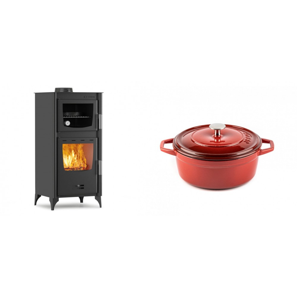 Set Kaminofen, Holzofen mit Backfach Velmora Fire ATS 90-25 ΜΑSΙΝΑ, 12.04kW + Gusseisen Topf Tiefer Solagio, Rubin, Ф20 | Holzofen | Kaminofen |