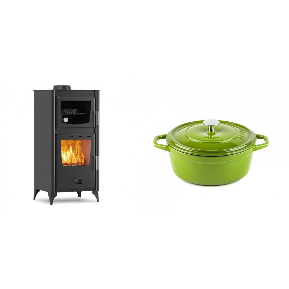 Set Kaminofen, Holzofen mit Backfach Velmora Fire ATS 90-25 ΜΑSΙΝΑ, 12.04kW + Gusseisen Topf Tiefer Solagio, Bamboo, Ф20