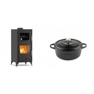 Set Kaminofen, Holzofen mit Backfach Velmora Fire ATS 90-25 ΜΑSΙΝΑ, 12.04kW + Gusseisen Topf Tiefer Solagio, Black Onyx, Ф20 - Kaminofen - Holzofen mit Backfach