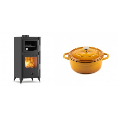 Set Kaminofen, Holzofen mit Backfach Velmora Fire ATS 90-25 ΜΑSΙΝΑ, 12.04kW + Gusseisen Topf Tiefer Solagio, Dijon, Ф20 - Kaminofen - Holzofen mit Backfach