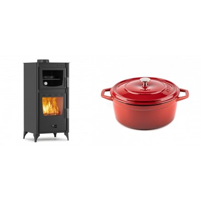 Set Kaminofen, Holzofen mit Backfach Velmora Fire ATS 90-25 ΜΑSΙΝΑ, 12.04kW + Gusseisen Topf Tiefer Solagio, Rubin, Ф24 - Kaminofen - Holzofen mit Backfach