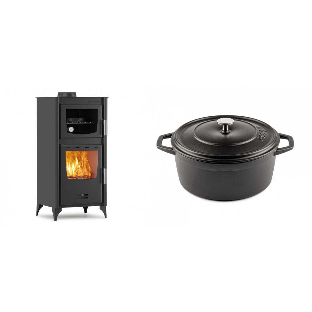 Set Kaminofen, Holzofen mit Backfach Velmora Fire ATS 90-25 ΜΑSΙΝΑ, 12.04kW + Gusseisen Topf Tiefer Solagio, Black Onyx, Ф24