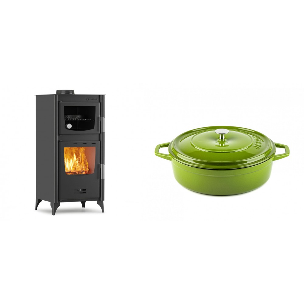 Set Kaminofen, Holzofen mit Backfach Velmora Fire ATS 90-25 ΜΑSΙΝΑ, 12.04kW + Gusseisen Topf Flach Solagio, Bamboo, Ф26 | Holzofen | Kaminofen |