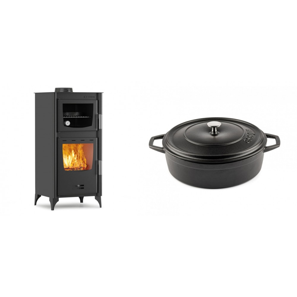 Set Kaminofen, Holzofen mit Backfach Velmora Fire ATS 90-25 ΜΑSΙΝΑ, 12.04kW + Gusseisen Topf Flach Solagio, Black Onyx, Ф26