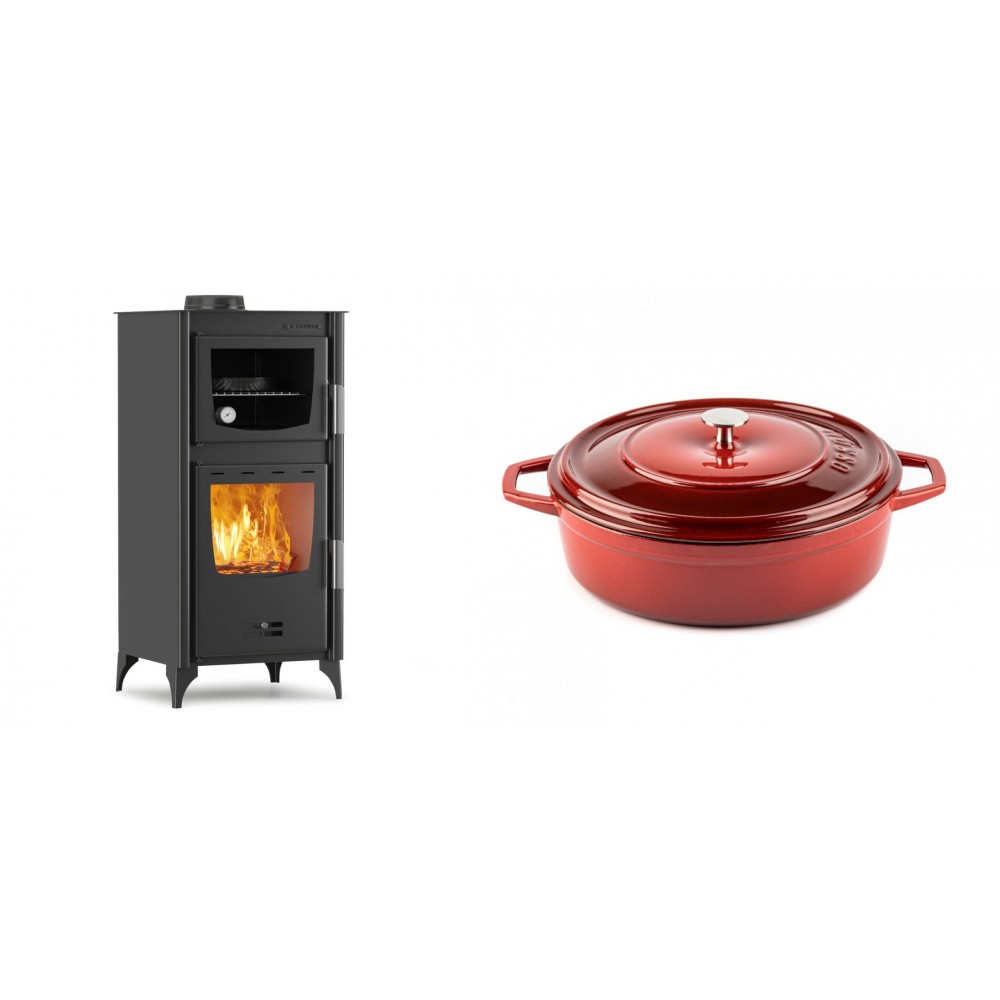 Set Kaminofen, Holzofen mit Backfach Velmora Fire ATS 90-25 ΜΑSΙΝΑ, 12.04kW + Gusseisen Topf Flach Solagio, Rubin, Ф26 | Holzofen | Kaminofen |