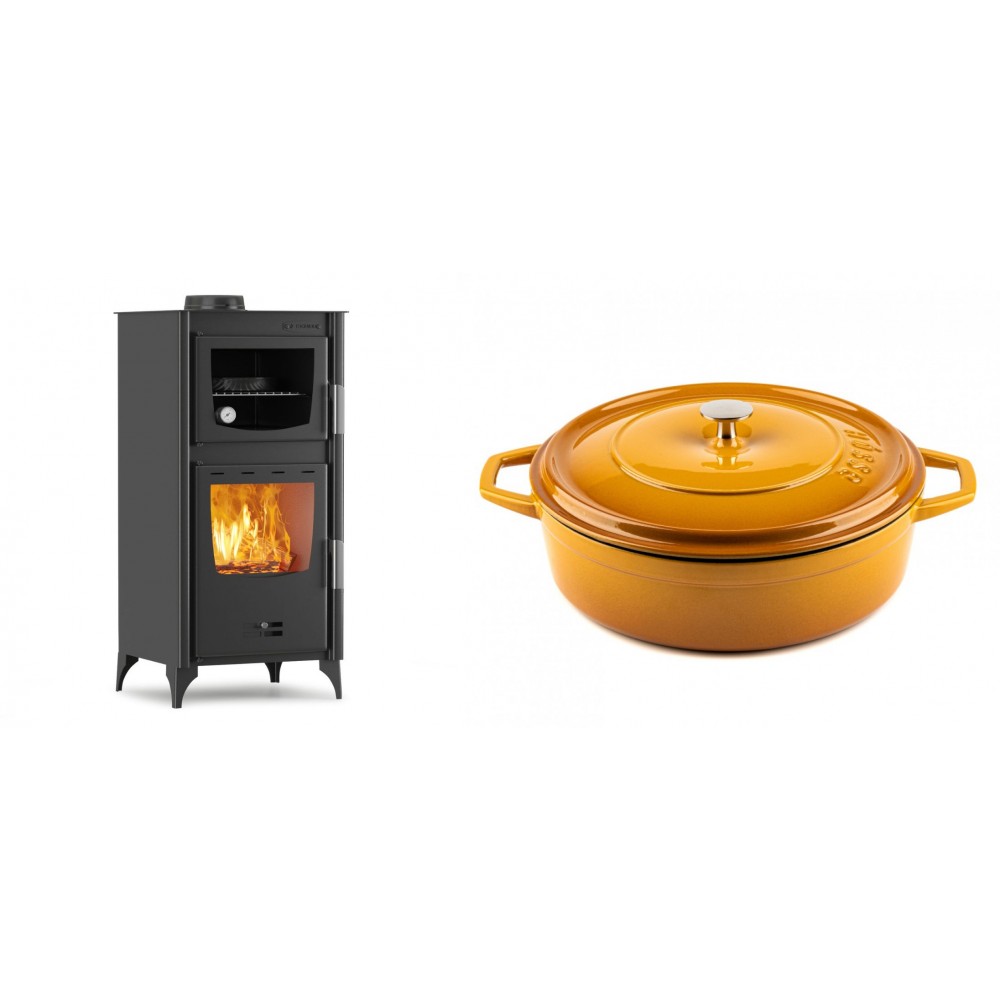 Set Kaminofen, Holzofen mit Backfach Velmora Fire ATS 90-25 ΜΑSΙΝΑ, 12.04kW + Gusseisen Topf Flach Solagio, Dijon, Ф28 | Holzofen | Kaminofen |