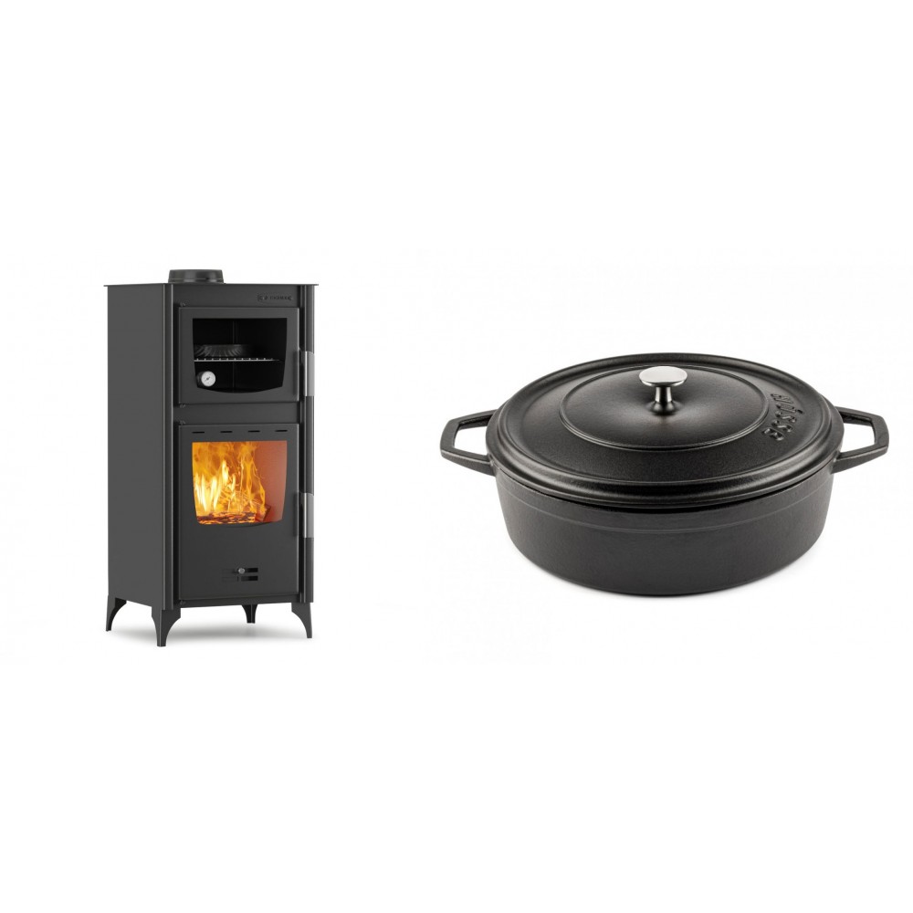Set Kaminofen, Holzofen mit Backfach Velmora Fire ATS 90-25 ΜΑSΙΝΑ, 12.04kW + Gusseisen Topf Flach Solagio, Black Onyx, Ф28
