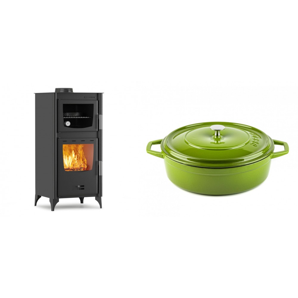 Set Kaminofen, Holzofen mit Backfach Velmora Fire ATS 90-25 ΜΑSΙΝΑ, 12.04kW + Gusseisen Topf Flach Solagio, Bamboo, Ф28 | Holzofen | Kaminofen |