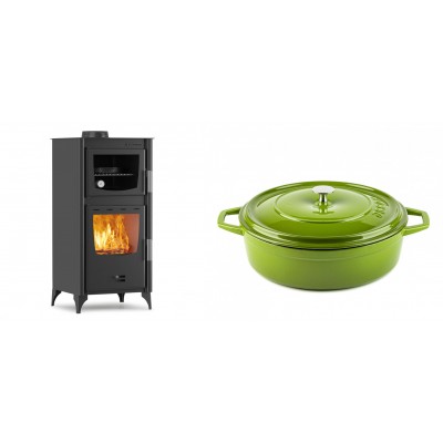 Set Kaminofen, Holzofen mit Backfach Velmora Fire ATS 90-25 ΜΑSΙΝΑ, 12.04kW + Gusseisen Topf Flach Solagio, Bamboo, Ф28 - Kaminofen - Holzofen mit Backfach