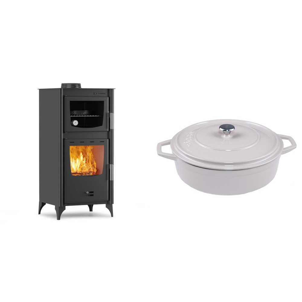 Set Kaminofen, Holzofen mit Backfach Velmora Fire ATS 90-25 ΜΑSΙΝΑ, 12.04kW + Gusseisen Topf Flach Solagio, Ivory, Ф28 | Holzofen | Kaminofen |