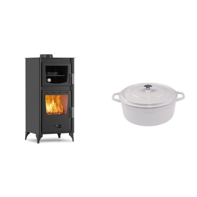 Set Kaminofen, Holzofen mit Backfach Velmora Fire ATS 90-25 ΜΑSΙΝΑ, 12.04kW + Gusseisen Topf Tiefer Solagio, Ivory, Ф20 - Kaminofen - Holzofen mit Backfach