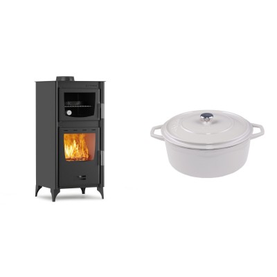 Set Kaminofen, Holzofen mit Backfach Velmora Fire ATS 90-25 ΜΑSΙΝΑ, 12.04kW + Gusseisen Topf Tiefer Solagio, Ivory, Ф24 - Kaminofen - Holzofen mit Backfach