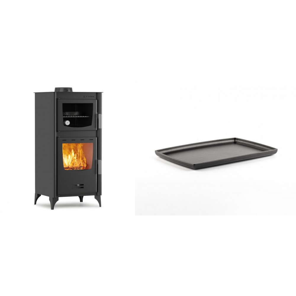 Set Kaminofen, Holzofen mit Backfach Velmora Fire ATS 90-25 ΜΑSΙΝΑ, 12.04kW + Rechteckige Servierplatte aus Gusseisen Solagio, 21x31cm