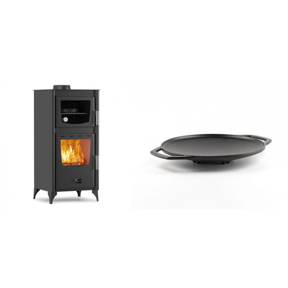 Set Kaminofen, Holzofen mit Backfach Velmora Fire ATS 90-25 ΜΑSΙΝΑ, 12.04kW + Backplatte aus Gusseisen Solagio, Ф28cm
