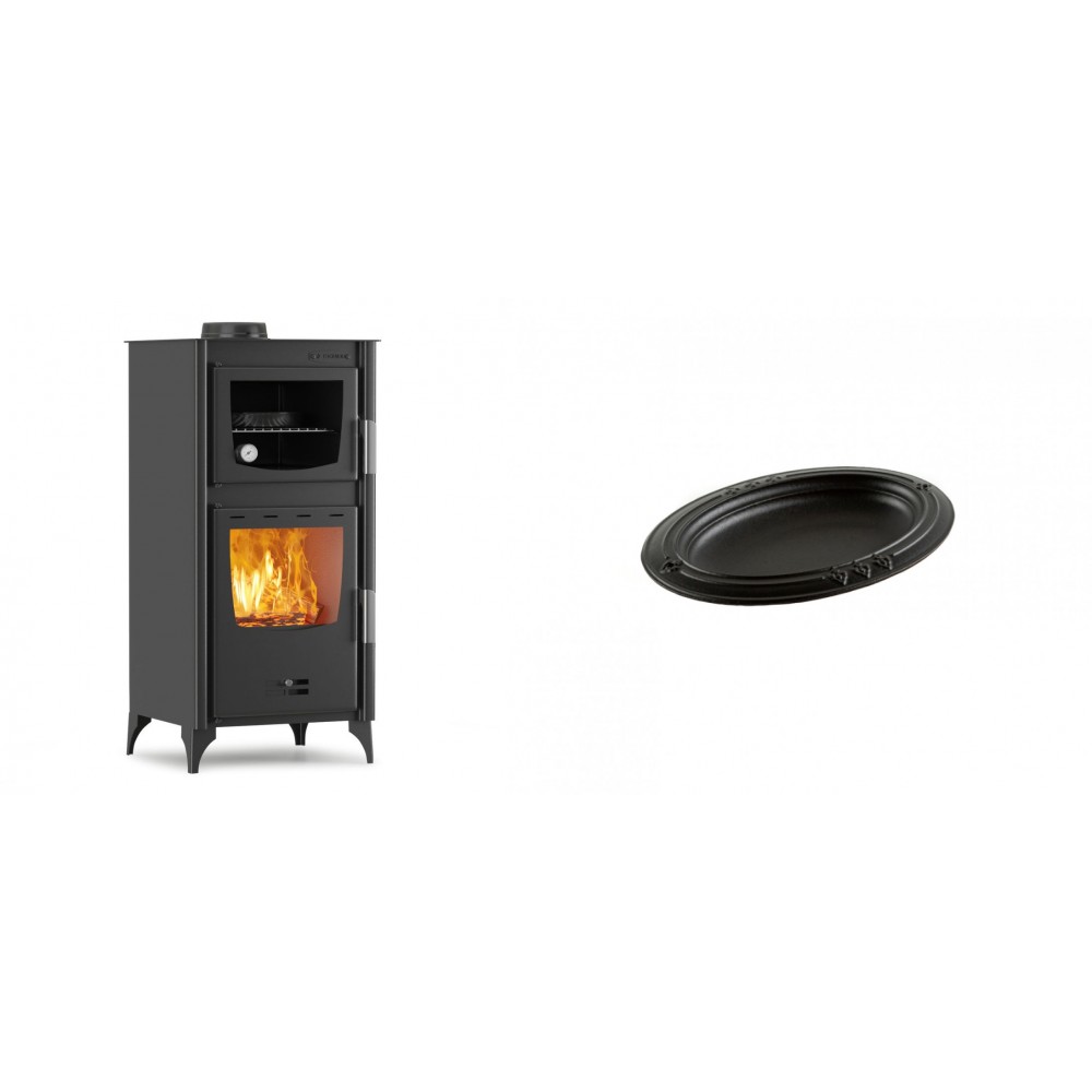 Set Kaminofen, Holzofen mit Backfach Velmora Fire ATS 90-25 ΜΑSΙΝΑ, 12.04kW + Gusseiserne auflaufform Solagio oval, 17x28cm