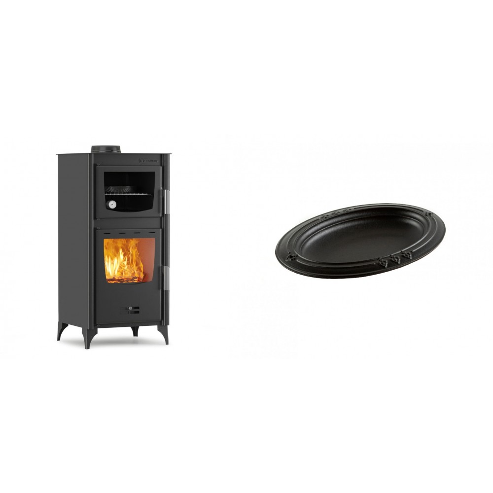 Set Kaminofen, Holzofen mit Backfach Velmora Fire ATS 90-25 ΜΑSΙΝΑ, 12.04kW + Gusseiserne auflaufform Solagio oval, 25x33cm