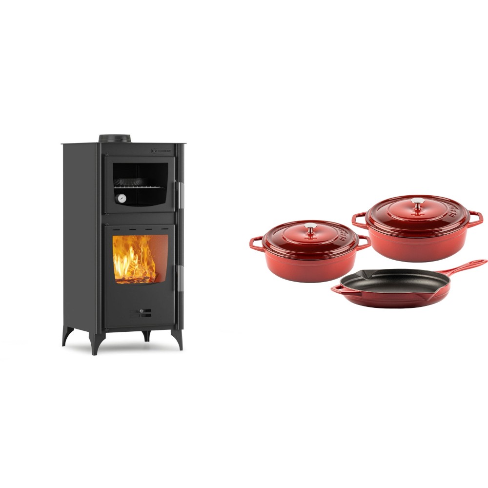 Set Kaminofen, Holzofen mit Backfach Velmora Fire ATS 90-25 ΜΑSΙΝΑ, 12.04kW + Gusseisen Topf Set aus 3 teilen Solagio, Rubin