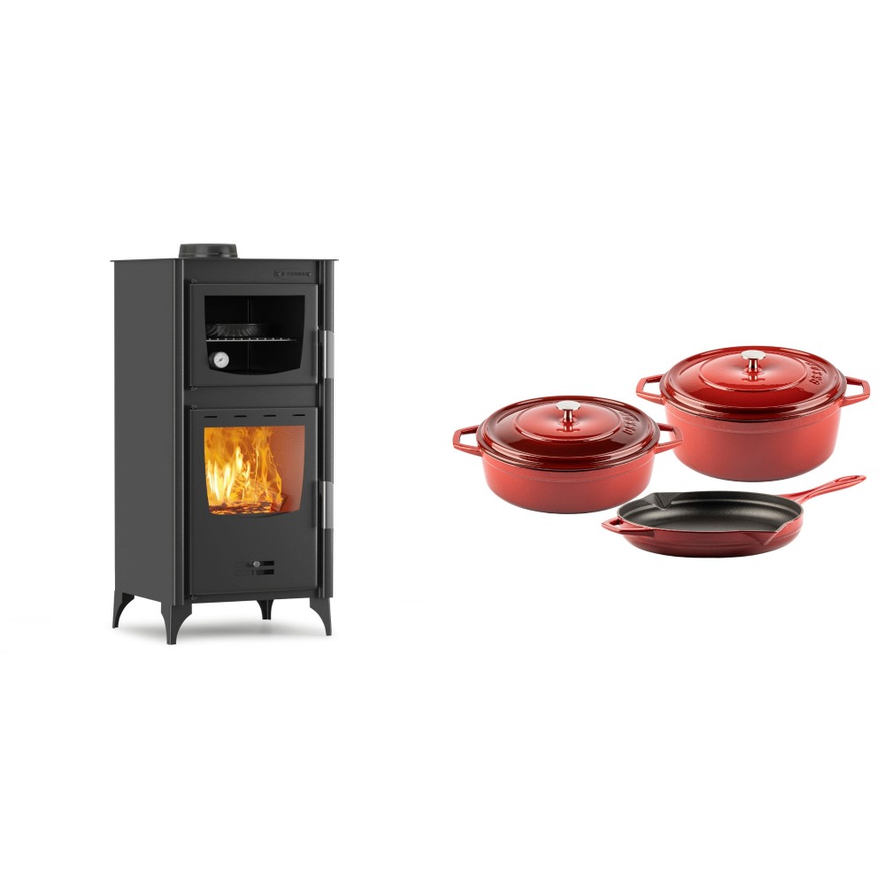 Set Kaminofen, Holzofen mit Backfach Velmora Fire ATS 90-25 ΜΑSΙΝΑ, 12.04kW + Gusseisen Topf Set aus 3 teilen Solagio, Rubin