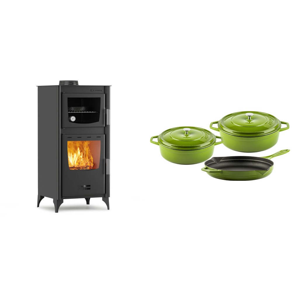 Set Kaminofen, Holzofen mit Backfach Velmora Fire ATS 90-25 ΜΑSΙΝΑ, 12.04kW + Gusseisen Topf Set aus 3 teilen Solagio, Bamboo
