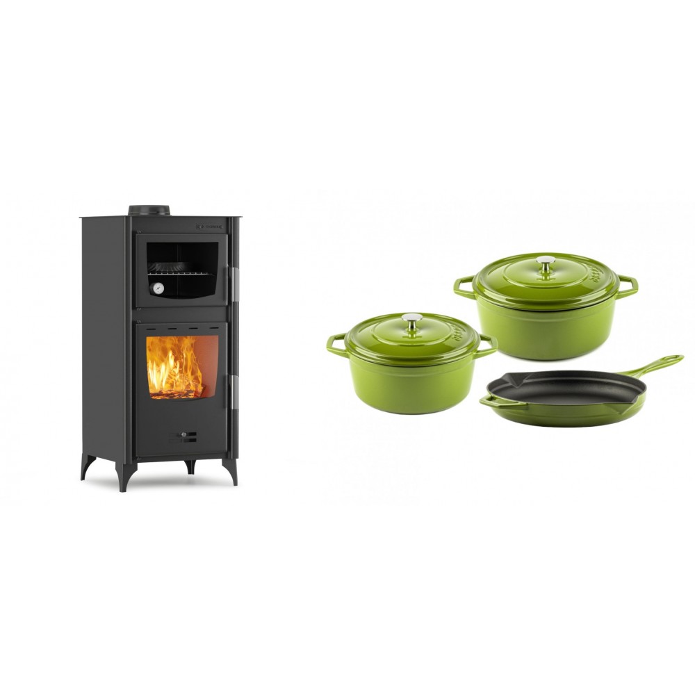 Set Kaminofen, Holzofen mit Backfach Velmora Fire ATS 90-25 ΜΑSΙΝΑ, 12.04kW + Gusseisen Topf Set aus 3 teilen Solagio, Bamboo | Holzofen | Kaminofen |