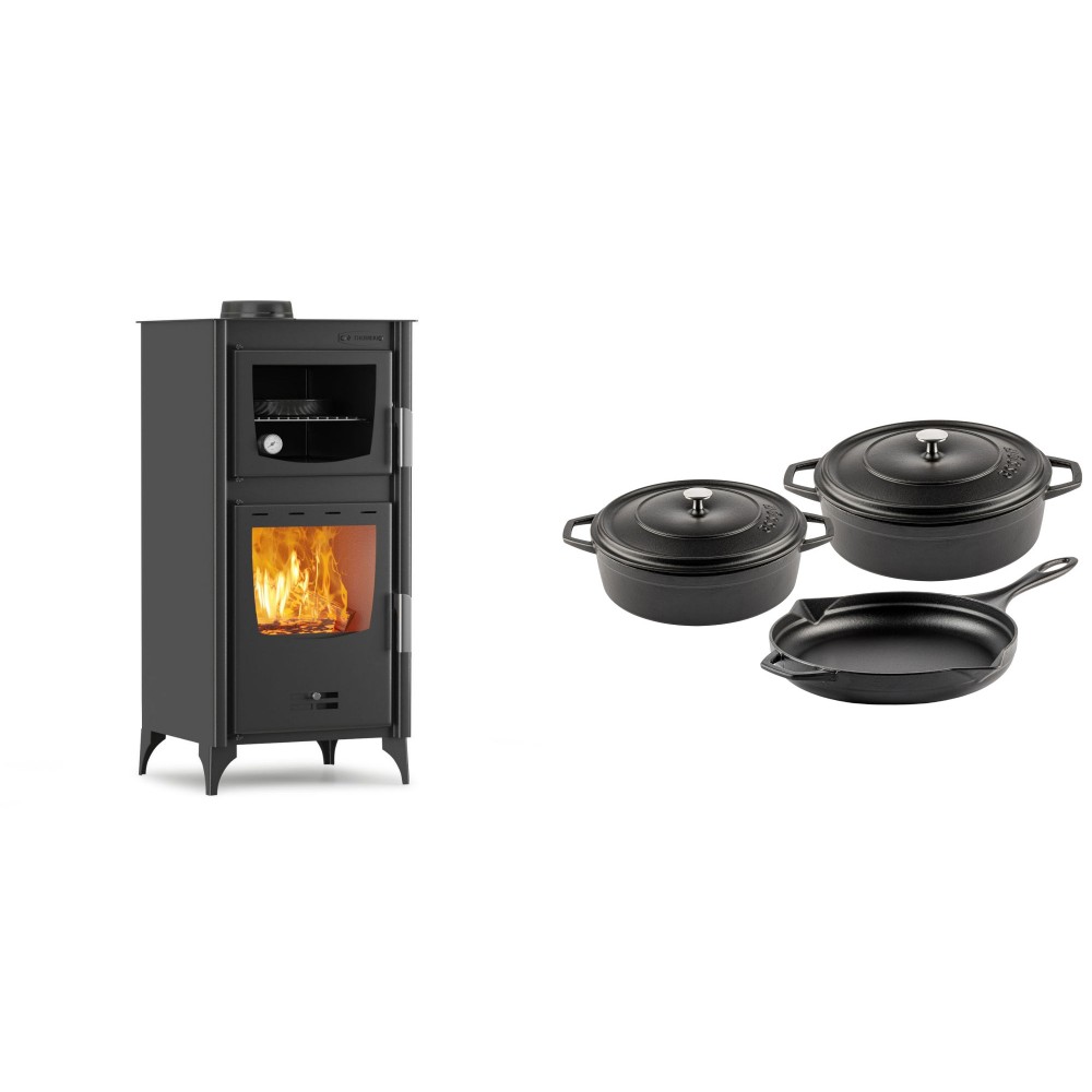 Set Kaminofen, Holzofen mit Backfach Velmora Fire ATS 90-25 ΜΑSΙΝΑ, 12.04kW + Gusseisen Topf Set aus 3 teilen Solagio, Black Onyx | Holzofen | Kaminofen |