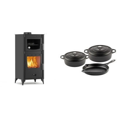 Set Kaminofen, Holzofen mit Backfach Velmora Fire ATS 90-25 ΜΑSΙΝΑ, 12.04kW + Gusseisen Topf Set aus 3 teilen Solagio, Black Onyx - Kaminofen - Holzofen mit Backfach