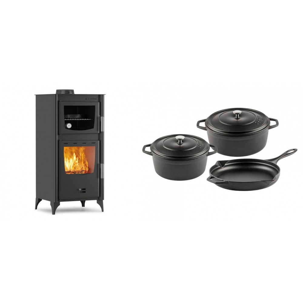 Set Kaminofen, Holzofen mit Backfach Velmora Fire ATS 90-25 ΜΑSΙΝΑ, 12.04kW + Gusseisen Topf Set aus 3 teilen Solagio, Black Onyx