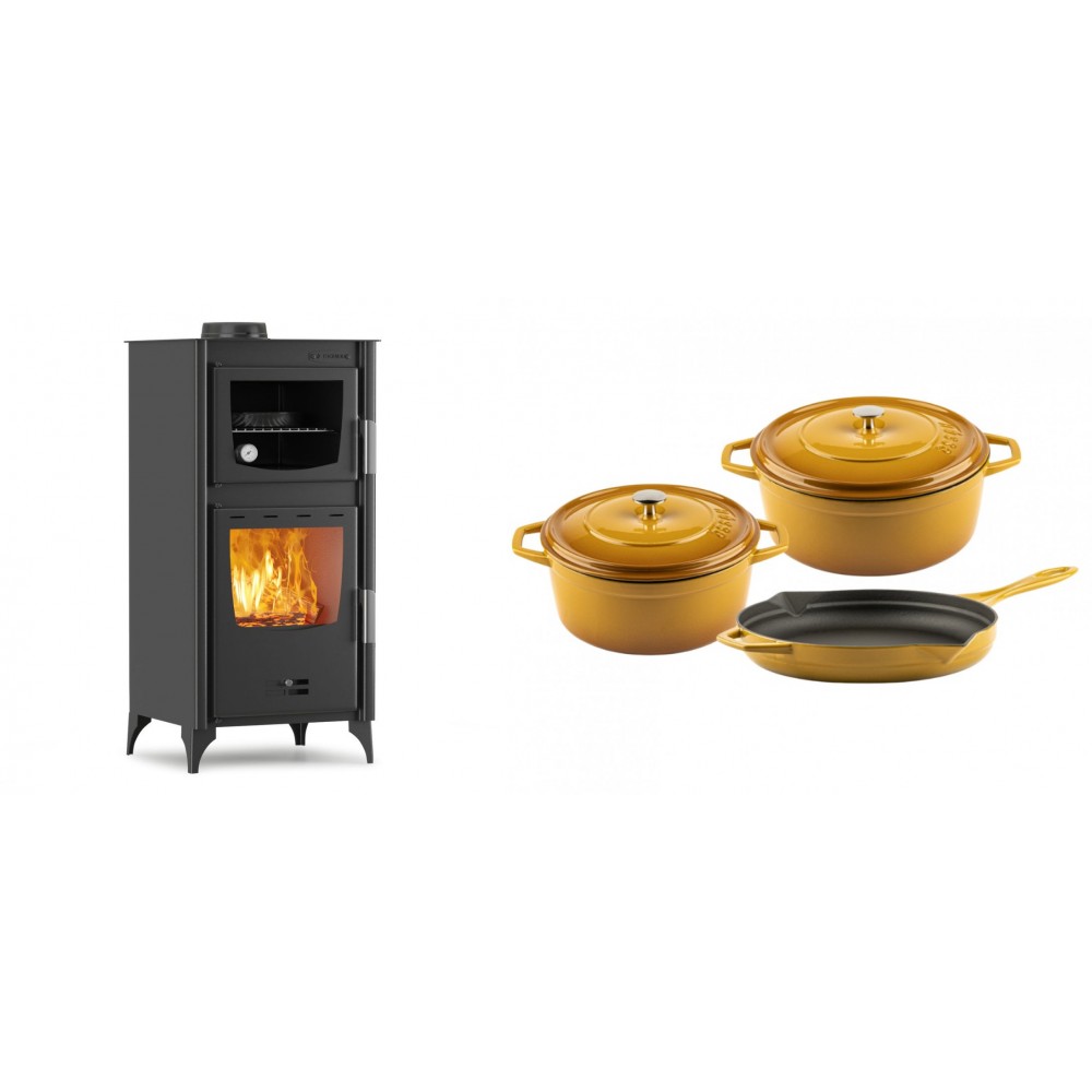 Set Kaminofen, Holzofen mit Backfach Velmora Fire ATS 90-25 ΜΑSΙΝΑ, 12.04kW + Gusseisen Topf Set aus 3 teilen Solagio, Dijon | Holzofen | Kaminofen |