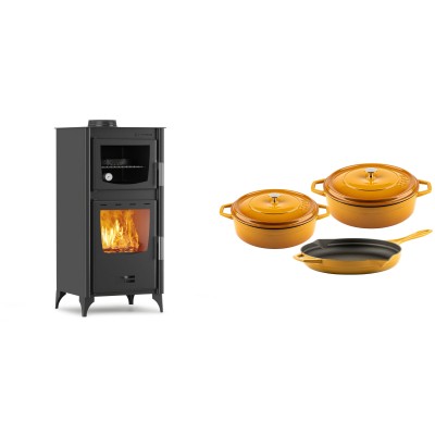 Set Kaminofen, Holzofen mit Backfach Velmora Fire ATS 90-25 ΜΑSΙΝΑ, 12.04kW + Gusseisen Topf Set aus 3 teilen Solagio, Dijon - Kaminofen - Holzofen mit Backfach