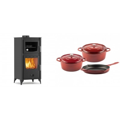 Set Kaminofen, Holzofen mit Backfach Velmora Fire ATS 90-25 ΜΑSΙΝΑ, 12.04kW + Gusseisen Topf Set aus 3 teilen Solagio, Rubin - Kaminofen - Holzofen mit Backfach