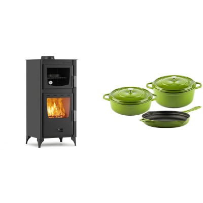 Set Kaminofen, Holzofen mit Backfach Velmora Fire ATS 90-25 ΜΑSΙΝΑ, 12.04kW + Gusseisen Topf Set aus 3 teilen Solagio, Bamboo - Kaminofen - Holzofen mit Backfach