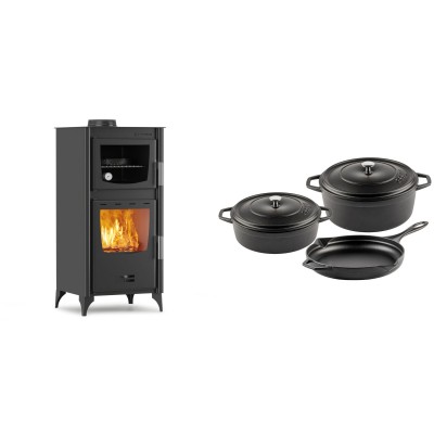 Set Kaminofen, Holzofen mit Backfach Velmora Fire ATS 90-25 ΜΑSΙΝΑ, 12.04kW + Gusseisen Topf Set aus 3 teilen Solagio, Black Onyx - Kaminofen - Holzofen mit Backfach