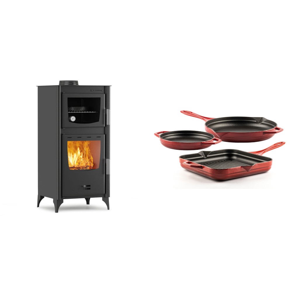 Set Kaminofen, Holzofen mit Backfach Velmora Fire ATS 90-25 ΜΑSΙΝΑ, 12.04kW + Gusseisen Topf Set aus 3 teilen Solagio, Rubin | Holzofen | Kaminofen |