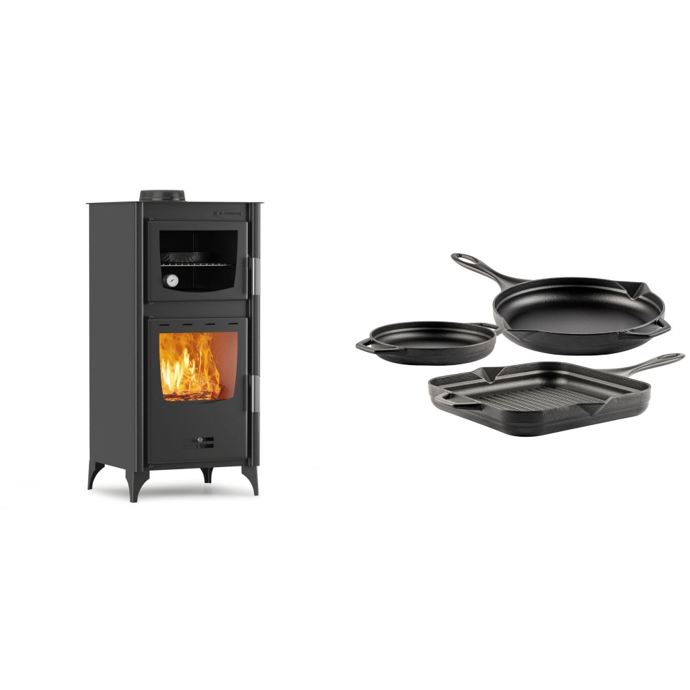 Set Kaminofen, Holzofen mit Backfach Velmora Fire ATS 90-25 ΜΑSΙΝΑ, 12.04kW + Gusseisen Topf Set aus 3 teilen Solagio, Black Onyx | Holzofen | Kaminofen |