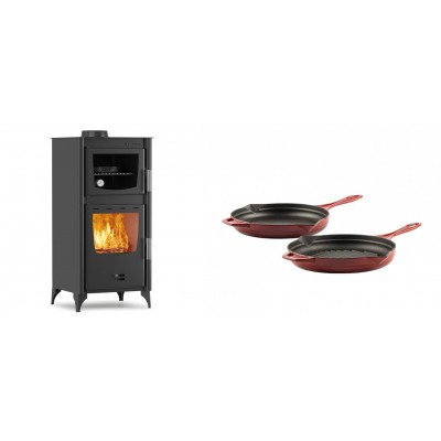 Set Kaminofen, Holzofen mit Backfach Velmora Fire ATS 90-25 ΜΑSΙΝΑ, 12.04kW + Gusseisen Topf Set aus 2 teilen Solagio, Rubin - Kaminofen - Holzofen mit Backfach