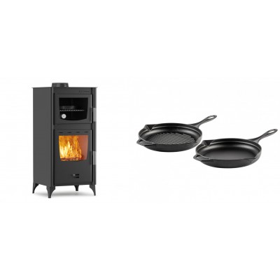 Set Kaminofen, Holzofen mit Backfach Velmora Fire ATS 90-25 ΜΑSΙΝΑ, 12.04kW + Gusseisen Topf Set aus 2 teilen Solagio, Black Onyx - Kaminofen - Holzofen mit Backfach