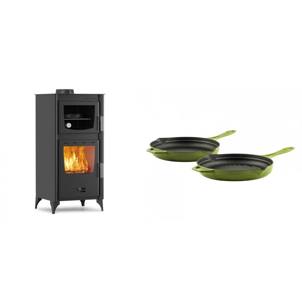 Set Kaminofen, Holzofen mit Backfach Velmora Fire ATS 90-25 ΜΑSΙΝΑ, 12.04kW + Gusseisen Topf Set aus 2 teilen Solagio, Bamboo