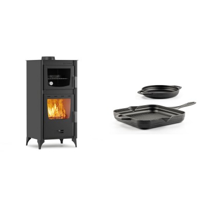 Set Kaminofen, Holzofen mit Backfach Velmora Fire ATS 90-25 ΜΑSΙΝΑ, 12.04kW + Gusseisen Topf Set aus 2 teilen Solagio, Black Onyx - Kaminofen - Holzofen mit Backfach