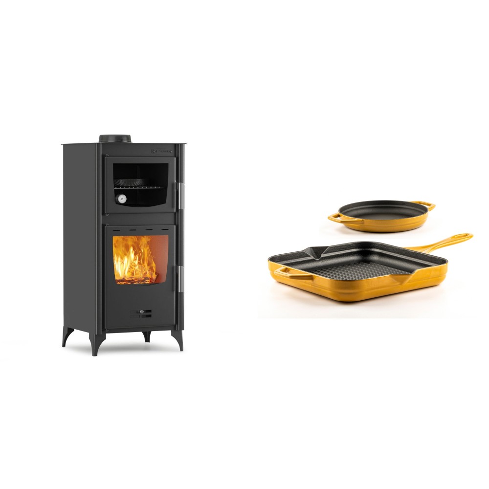 Set Kaminofen, Holzofen mit Backfach Velmora Fire ATS 90-25 ΜΑSΙΝΑ, 12.04kW + Gusseisen Topf Set aus 2 teilen Solagio, Dijon