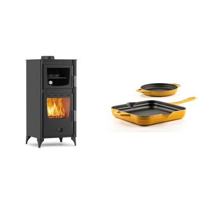 Set Kaminofen, Holzofen mit Backfach Velmora Fire ATS 90-25 ΜΑSΙΝΑ, 12.04kW + Gusseisen Topf Set aus 2 teilen Solagio, Dijon - Kaminofen - Holzofen mit Backfach