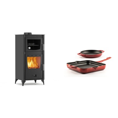 Set Kaminofen, Holzofen mit Backfach Velmora Fire ATS 90-25 ΜΑSΙΝΑ, 12.04kW + Gusseisen Topf Set aus 2 teilen Solagio, Rubin - Kaminofen - Holzofen mit Backfach