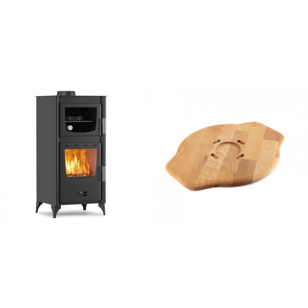 Set Kaminofen, Holzofen mit Backfach Velmora Fire ATS 90-25 ΜΑSΙΝΑ, 12.04kW + Holz untersetzer für Gusseisenplatte Solagio HSYSAK28 | Holzofen | Kaminofen |