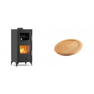 Set Kaminofen, Holzofen mit Backfach Velmora Fire ATS 90-25 ΜΑSΙΝΑ, 12.04kW + Holz untersetzer für ovale gusseisenpfanne Solagio HSFT1825 - Kaminofen - Holzofen mit Backfach